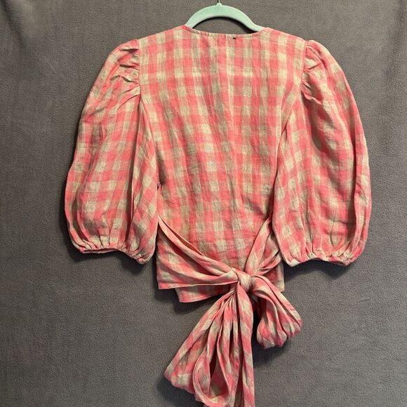 Vici 100% Linen Gingham Cropped Wrap Top Size S Pink Western Beach Cottagecore - Picture 6 of 8